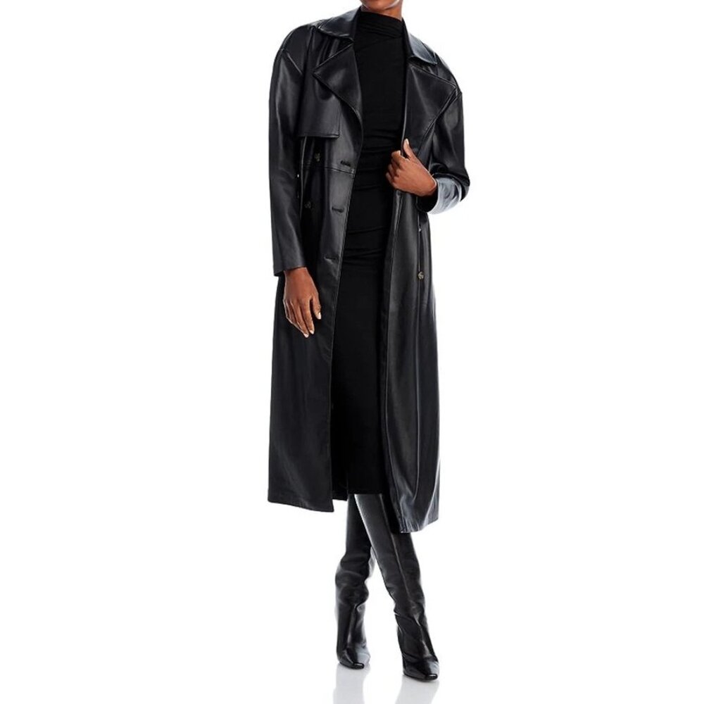 New! Sumwon Women's Faux Leather Black‎ Long Double Breast Trench Coat Size XS